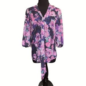Blue & Pink Floral Blouse with Necktie